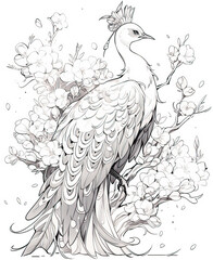 Fototapeta premium Black and white illustration for coloring birds, bird of paradise.