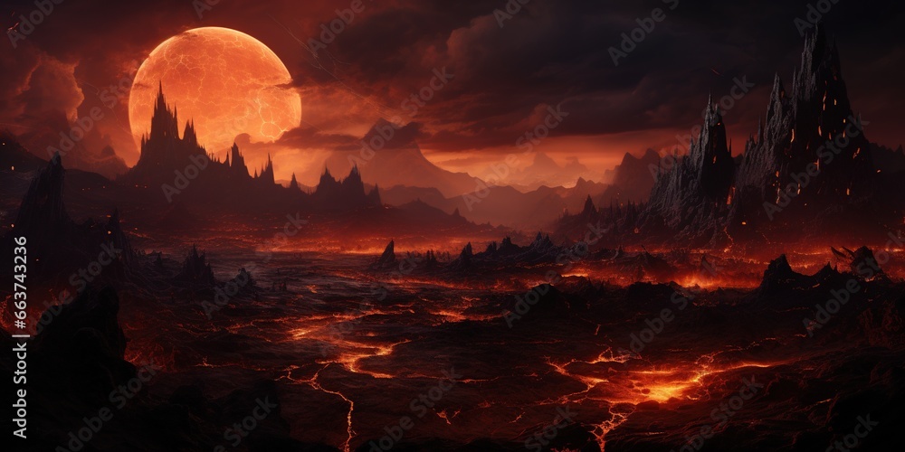 Poster alien planet with lava and magma.