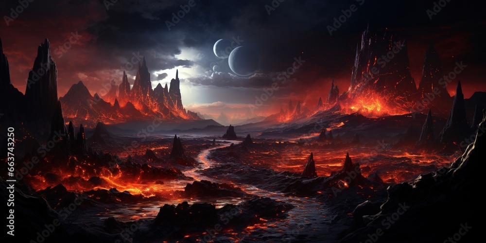 Poster alien planet with lava and magma.