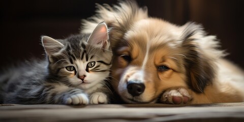 Adorable puppy and kitten lying together in a loving embrace