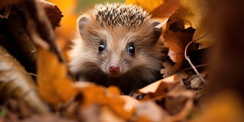 Baby hedgehog climbing and playing in the leaves - obrazy, fototapety, plakaty