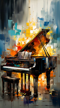 Image of piano and stools in front of colorful background.