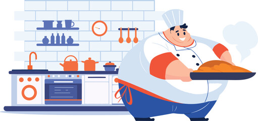 Hand Drawn Chef is cooking in the kitchen in flat style