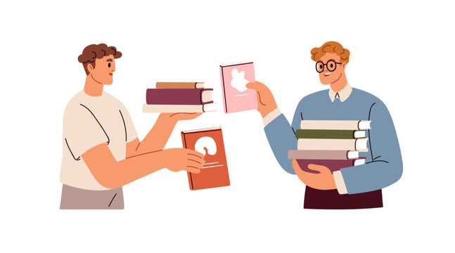 Book crossing, swap concept. Friends exchanging literature, sharing, recommending fiction for reading. Men readers students and bookcrossing. Flat vector illustration isolated on white background