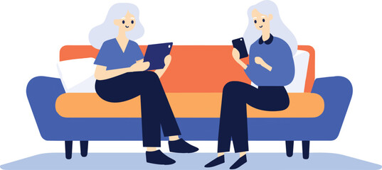 Hand Drawn Elderly woman sitting on the sofa using a smartphone in flat style