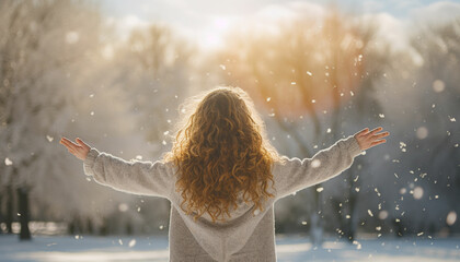 young girl throwing snow in the air at sunny