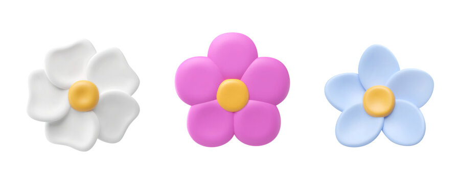 Plasticine flowers. 3d vector illustration. Simple floral volumetric craft. Purple, blue and white bud render. Bloom in clay material. Creative spring and summer garden element