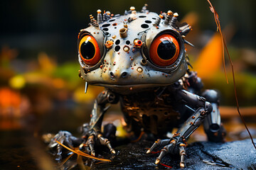 Close up of toy frog with orange eyes and spikes.