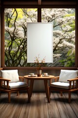 Two chairs and table in front of large image.