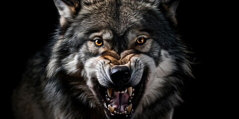 Obraz premium Front view of ferocious looking Wolf animal looking at the camera with mouth open isolated on a transparent background