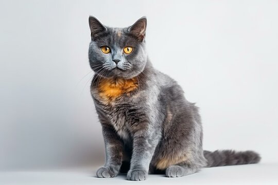 Beautiful blue tortie shorthair cat, sitting and facing the camera with stunning orange eyes. Isolated cutout on transparent background. Generative AI