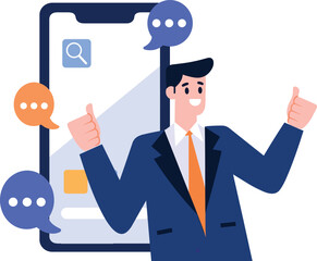 Hand Drawn Businessman with smartphone in online business concept in flat style