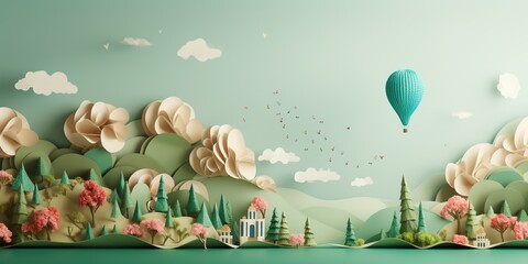Green world paper cute style with Copy space, Earth day banner and World Environment day concept. - obrazy, fototapety, plakaty