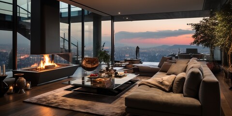 High - end living room with contemporary design in a stylish penthouse - obrazy, fototapety, plakaty