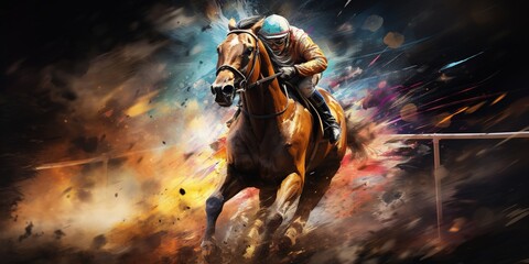 Horse racing at night. Digital illustration of thoroughbred and jockey.