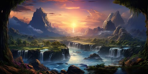 Illustrate majestic waterfalls surrounded by mountains and wild nature