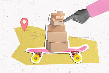 Banner artwork collage of female arm push pile stack carton boxes parcels deliver destination...