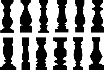 Set of different balusters isolated on white - obrazy, fototapety, plakaty