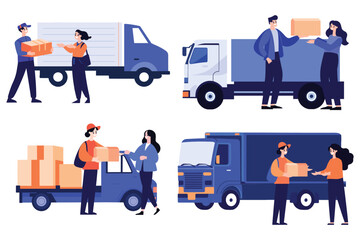 Hand Drawn Delivery man with delivery truck in flat style