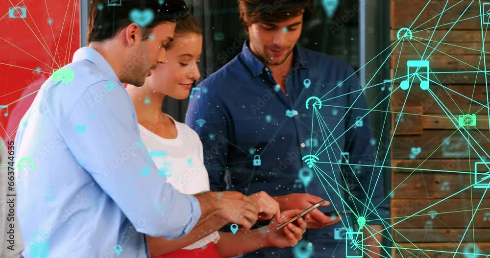 Poster animation of connected icons globes over diverse coworkers discussing and using smartphone