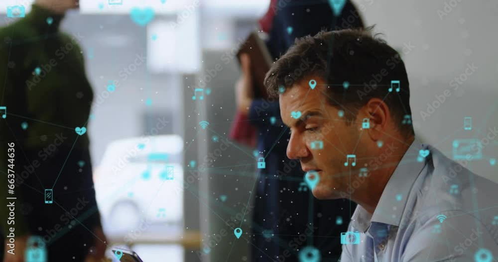 Poster animation of icons connected with lines over caucasian man scrolling on smartphone in office
