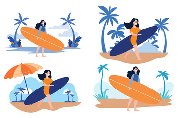 Hand Drawn Tourist teen characters are playing surfboards at the sea in flat style