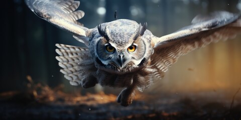 Round eyes and a curved beak, an owl is about to fly in the sky. It has a focused and angry expression on its face, as it searches for its prey. It spreads its wings wide shows its power