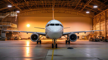 a Passenger plane aircraft on maintenance of engine and fuselage repair in airport hangar. - obrazy, fototapety, plakaty