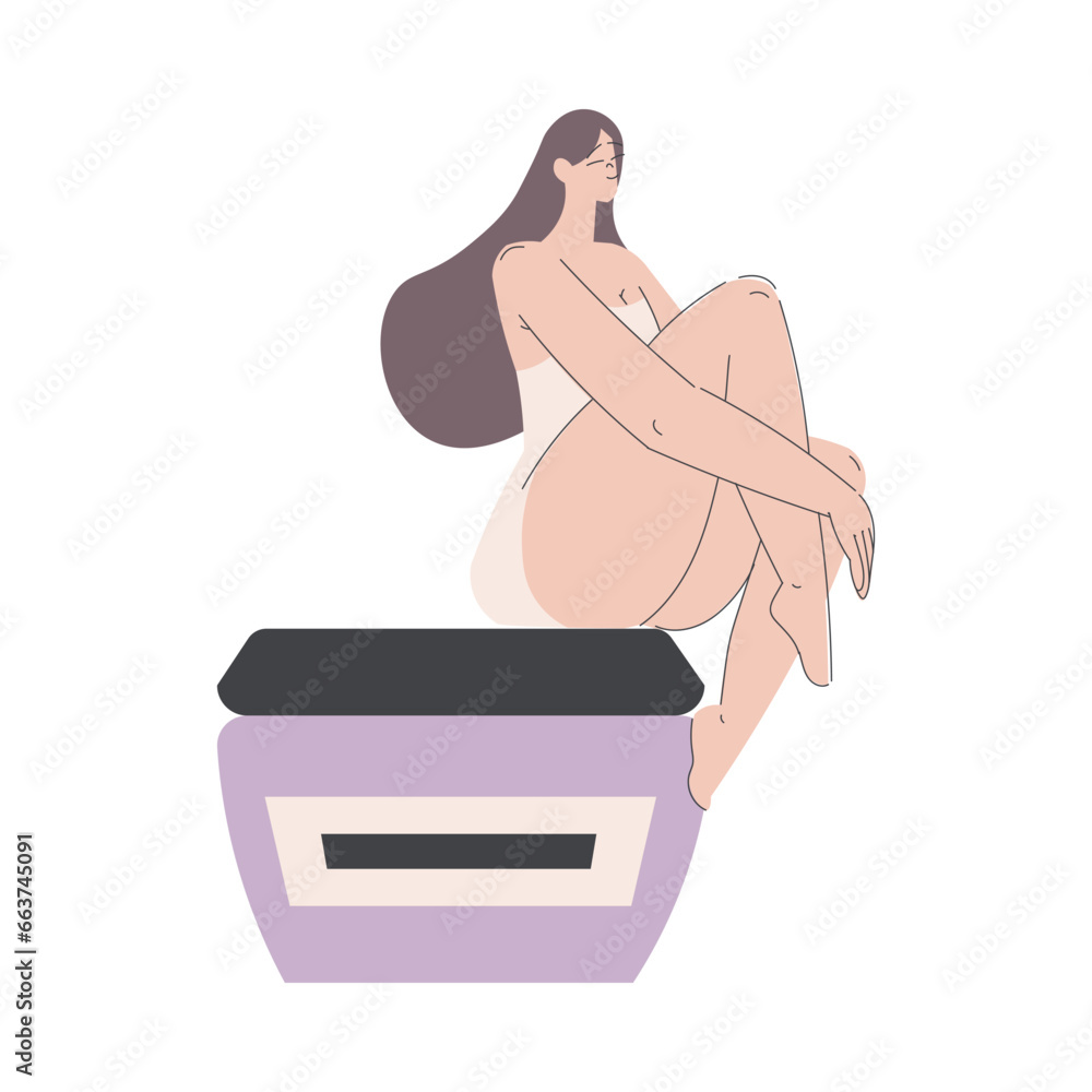 Sticker beauty care with young woman sitting on cream jar vector illustration