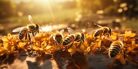 The bees fly around the hive. Beekeeping concept, close up.