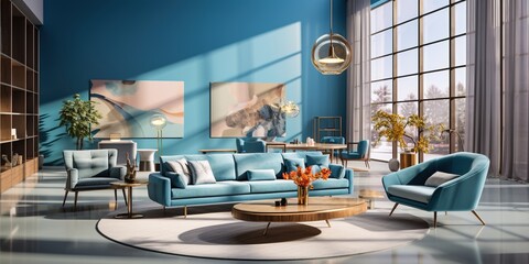 The interior accent color is celeste. furnishings and walls in shades of sky blue. House's contemporary lobby or lounge. Interior design mockup of a living room.