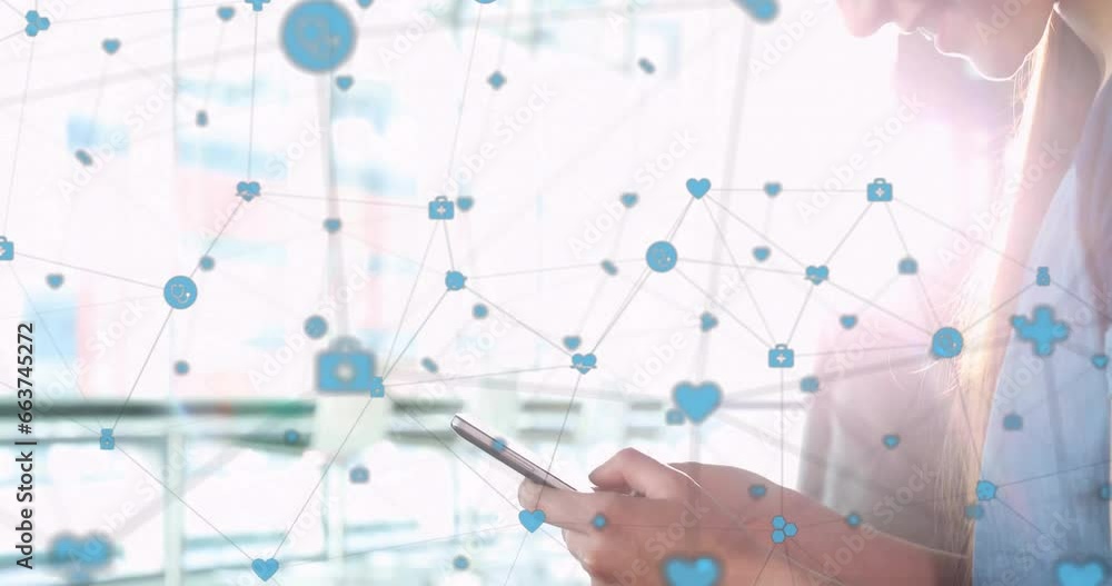 Poster animation of icons connected with lines over smiling caucasian woman chatting using smartphone