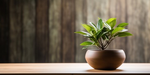 A bowl and a plant on a wooden table.
