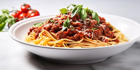 A bowl of spaghetti with meat sauce on a white table.