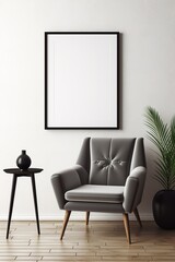 A serene and inviting image of a wooden table with a blank picture frame and a vase of fresh flowers in a sunlit window.