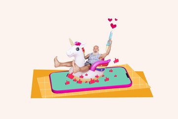 Creative collage of funky mini grandfather hold water gun float unicorn inflatable circle big smart...