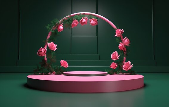 Abstract minimal scene with geometric shapes and beautiful flower decoration. product presentation, mockup, cosmetic product display, podium, stage or platform.