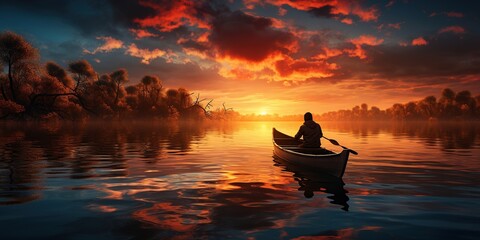 A man in a boat on a lake at sunset.