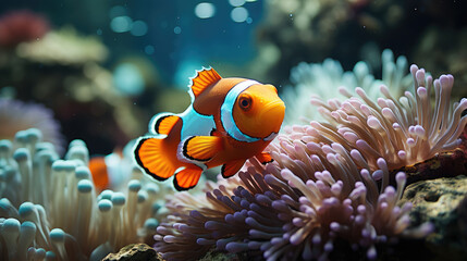 Fototapeta na wymiar Generative ai illustration of Clownfish Amphiprioninae in aquarium tank