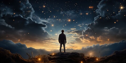 A man standing on top of a bed next to a night sky.