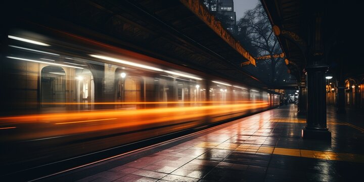 A long exposure photo of a subway station.