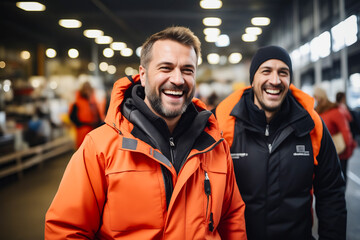 Two men in orange jackets smiling at the camera in store. - Powered by Adobe