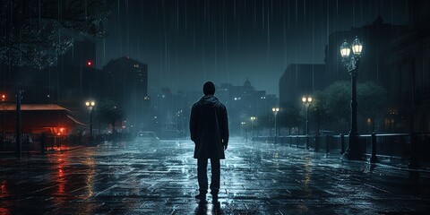 A person standing in the rain at night.