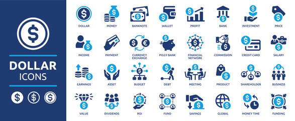 Dollar icon set. Money, wallet, payment, bank, fund, earnings, income, currency, business and more. Collection of solid icons, vector illustration pack. - obrazy, fototapety, plakaty