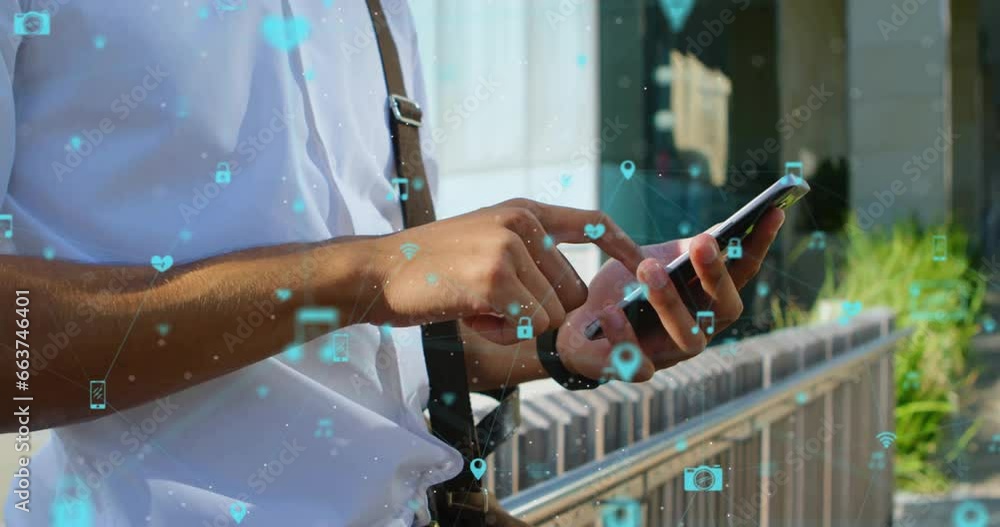 Poster animation of icons connected with lines over midsection of biracial man scrolling on smartphone