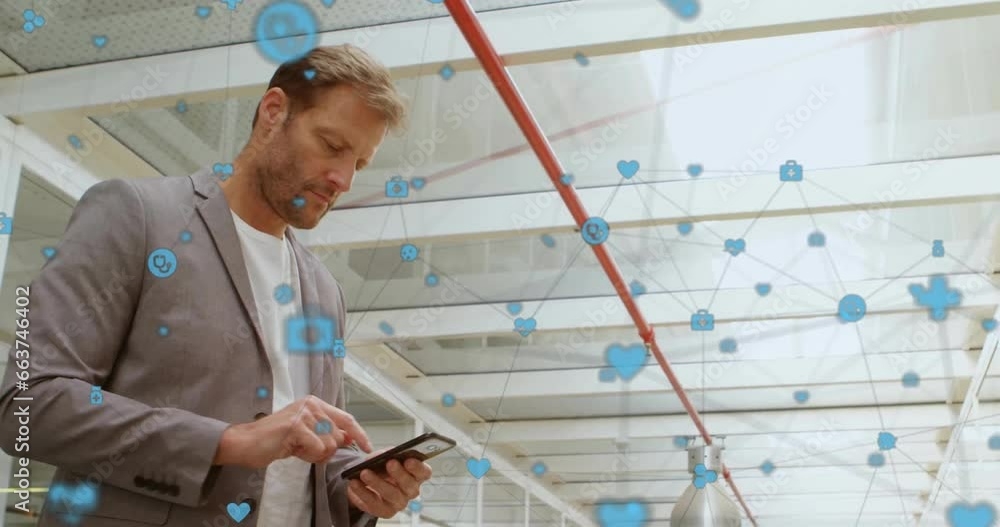 Poster animation of icons connected with lines over smiling caucasian man standing and using cellphone