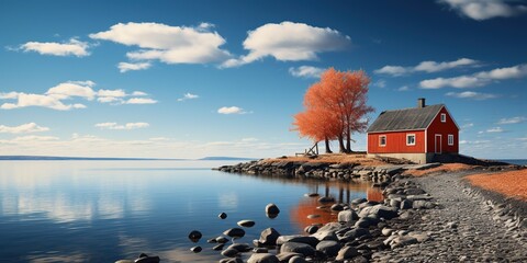 A red house sitting on top of a beach next to a body of water. - obrazy, fototapety, plakaty