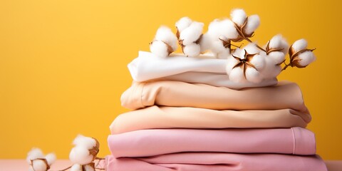 A stack of women's cotton light pastel things close - up on a yellow background.