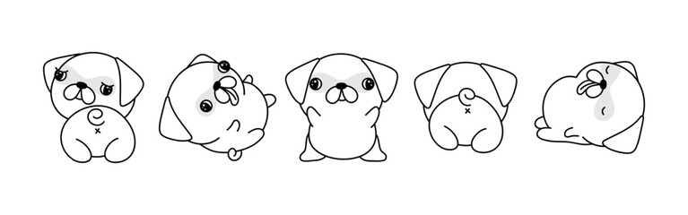 Set of Cartoon Isolated Pug Dog Coloring Page. Cute Vector Kawaii Pug Outline. 