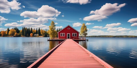 A wooden dock leading to a red building on a lake.